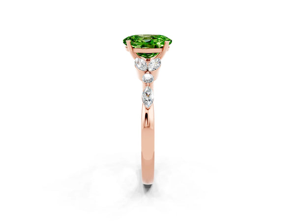Rose gold Oval Cut Peridot Solitaire Ring with Side Stones and Four-Prong Setting