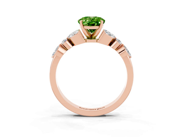 Rose gold Oval Cut Peridot Solitaire Ring with Side Stones and Four-Prong Setting