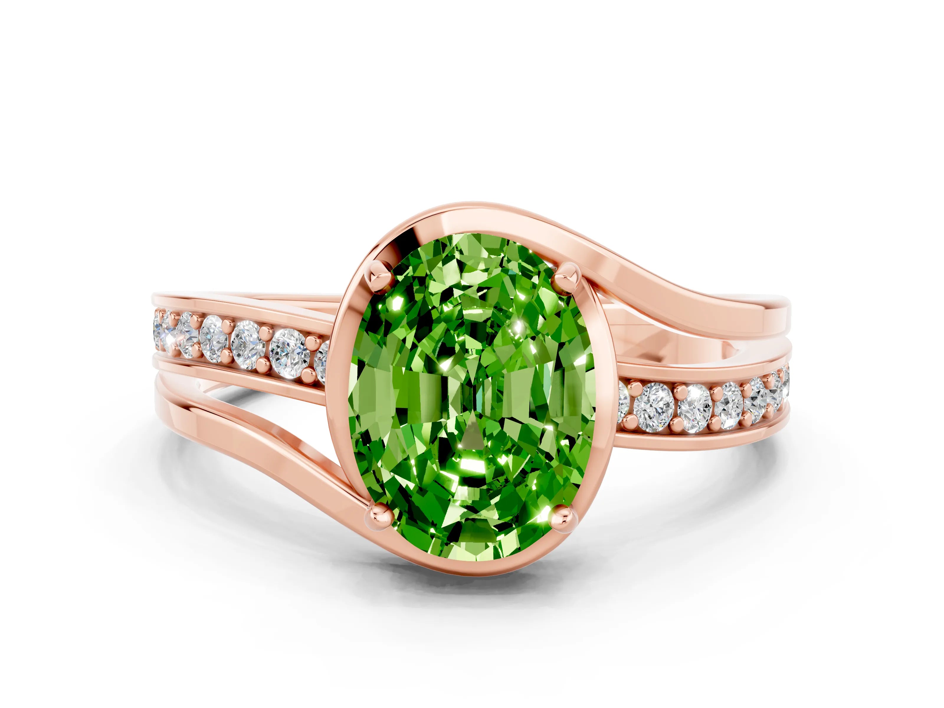 Rose gold Oval Cut Peridot Solitaire Ring with Split Shank and Prong Setting