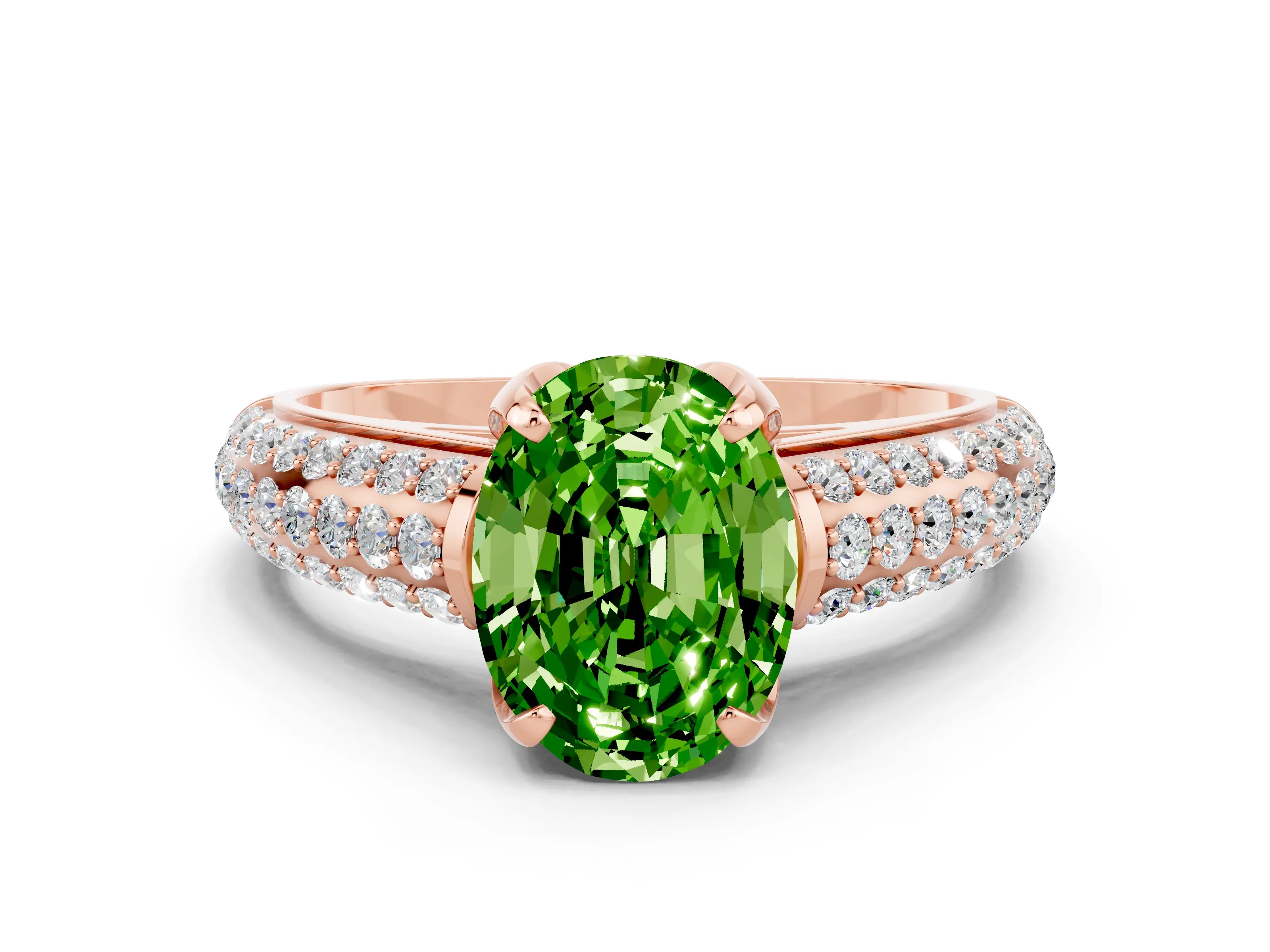Rose gold Oval Cut Peridot Solitaire Ring with Three-Row Pavé Band and Four-Prong Setting_12
