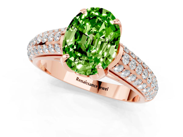 Rose gold Oval Cut Peridot Solitaire Ring with Three-Row Pavé Band and Four-Prong Setting