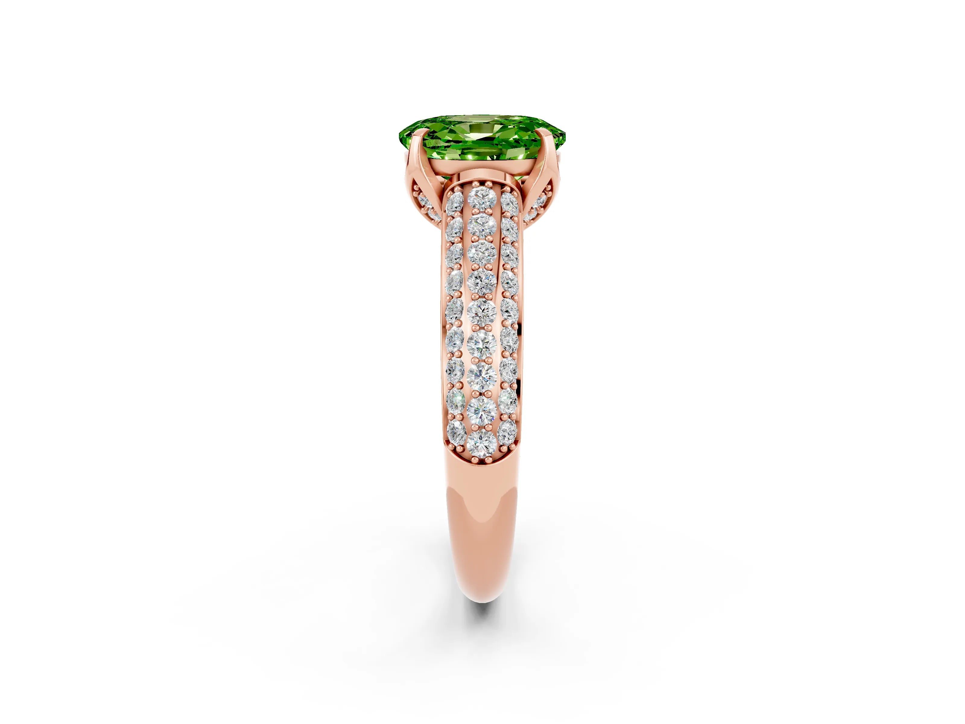 Rose gold Oval Cut Peridot Solitaire Ring with Three-Row Pavé Band and Four-Prong Setting_14