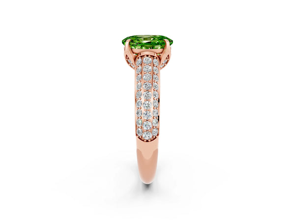 Rose gold Oval Cut Peridot Solitaire Ring with Three-Row Pavé Band and Four-Prong Setting