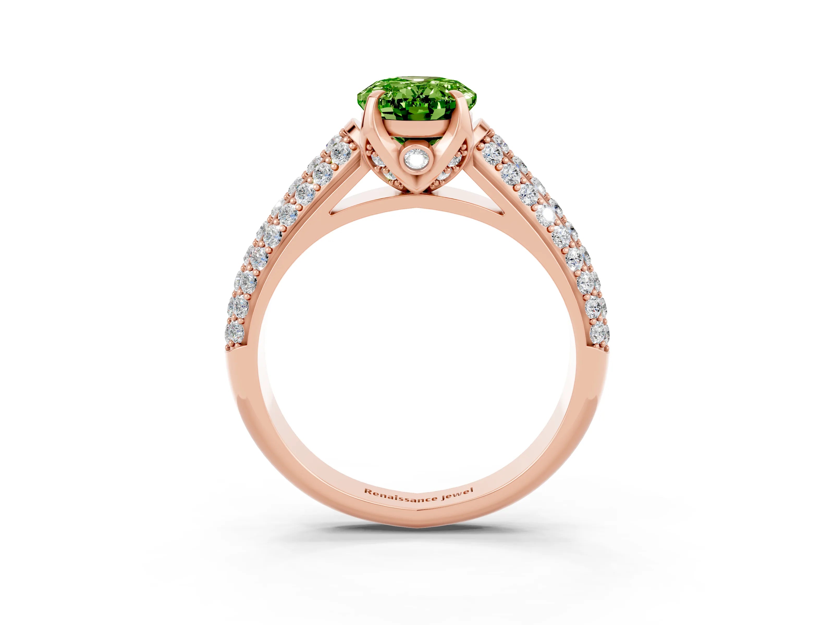 Rose gold Oval Cut Peridot Solitaire Ring with Three-Row Pavé Band and Four-Prong Setting_15