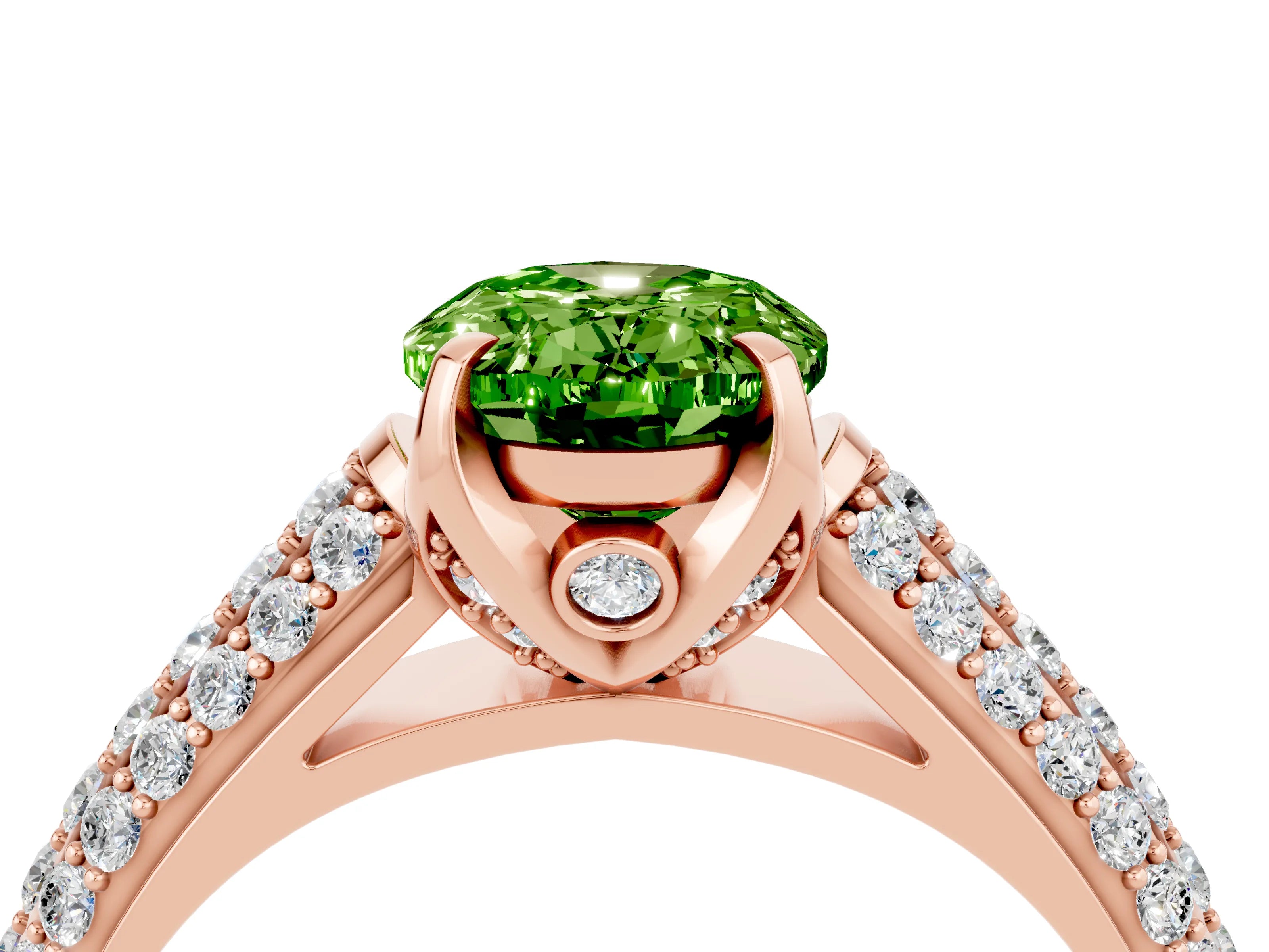 Rose gold Oval Cut Peridot Solitaire Ring with Three-Row Pavé Band and Four-Prong Setting_16