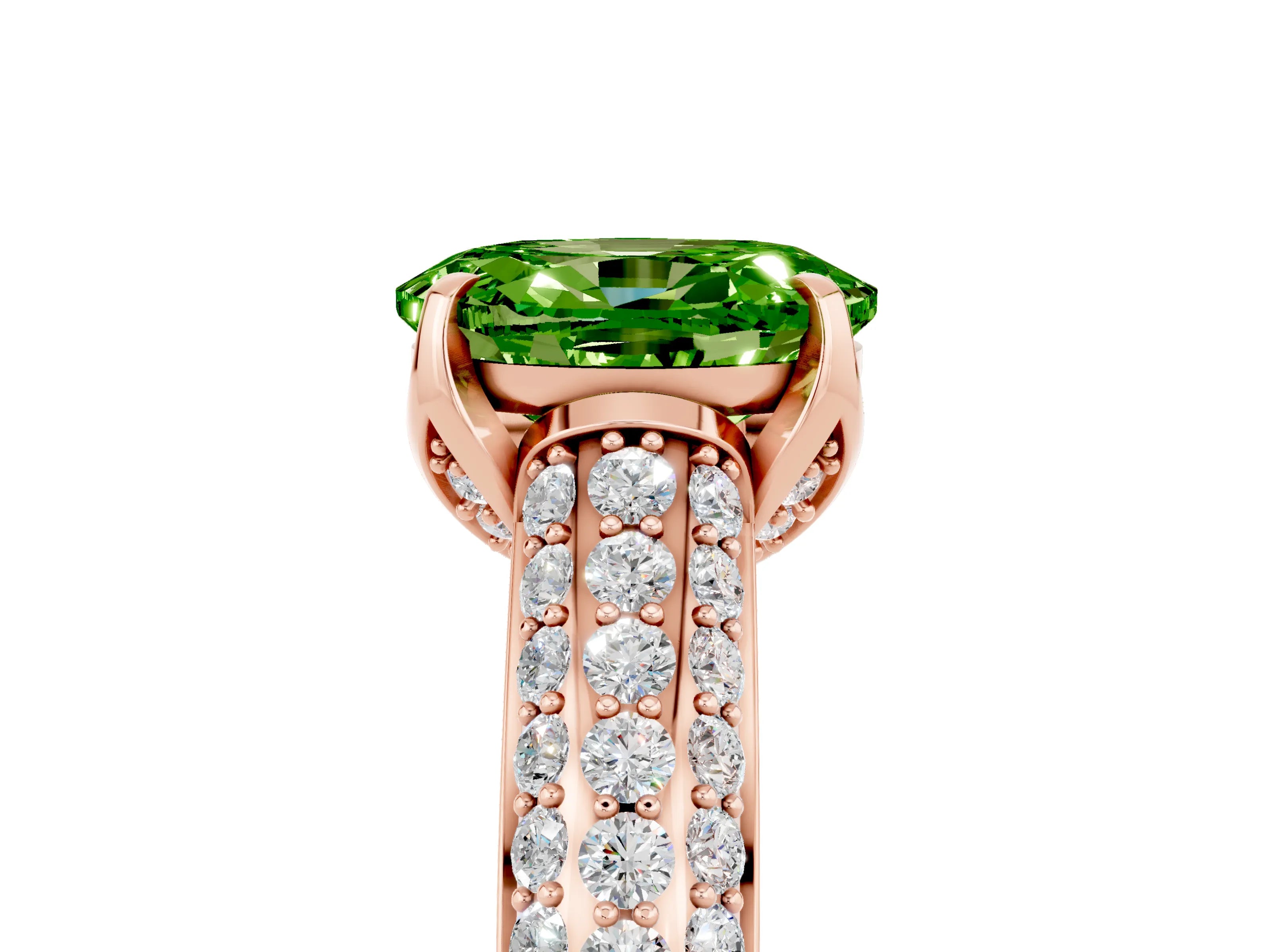 Rose gold Oval Cut Peridot Solitaire Ring with Three-Row Pavé Band and Four-Prong Setting_17