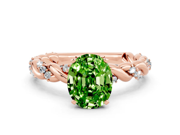 Rose gold Oval Cut Peridot Solitaire Ring with Twisted Band and Pavé Accents