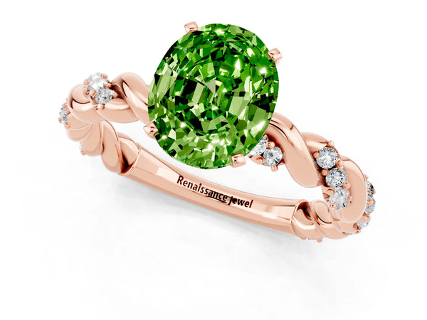 Rose gold Oval Cut Peridot Solitaire Ring with Twisted Band and Pavé Accents