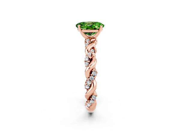 Rose gold Oval Cut Peridot Solitaire Ring with Twisted Band and Pavé Accents