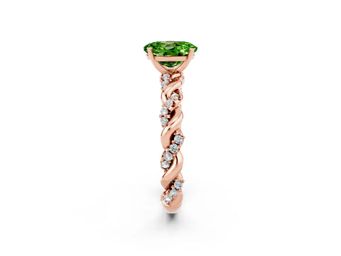 Rose gold Oval Cut Peridot Solitaire Ring with Twisted Band and Pavé Accents_2