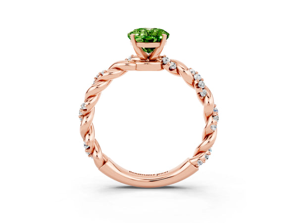 Rose gold Oval Cut Peridot Solitaire Ring with Twisted Band and Pavé Accents