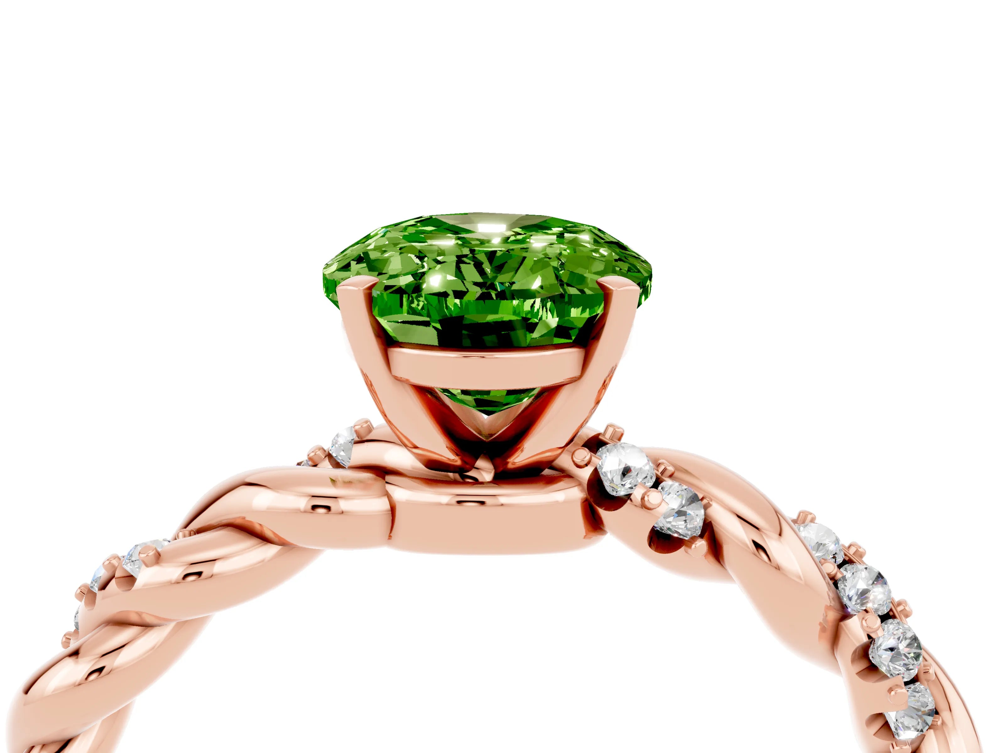 Rose gold Oval Cut Peridot Solitaire Ring with Twisted Band and Pavé Accents_4