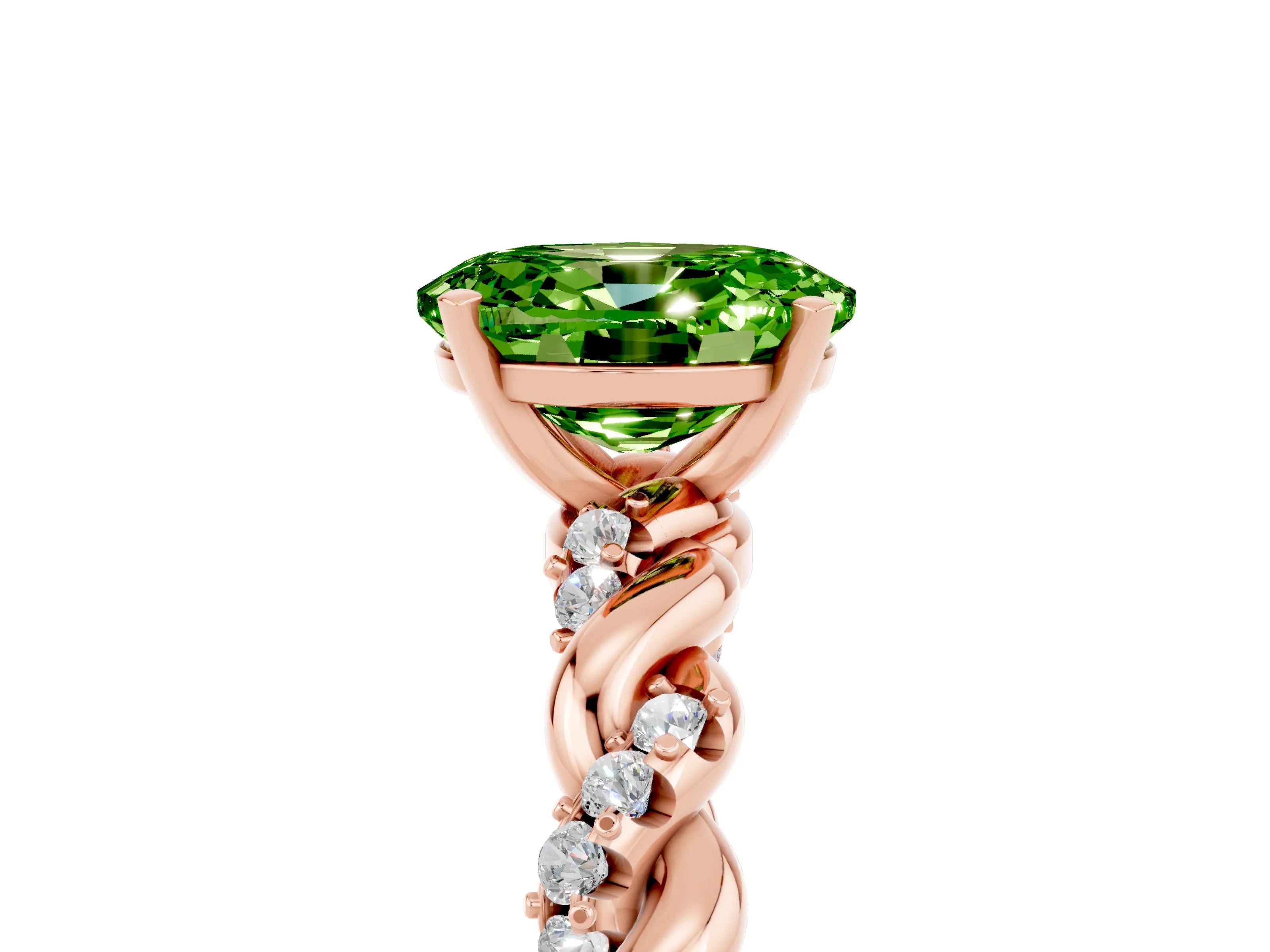 Rose gold Oval Cut Peridot Solitaire Ring with Twisted Band and Pavé Accents_5
