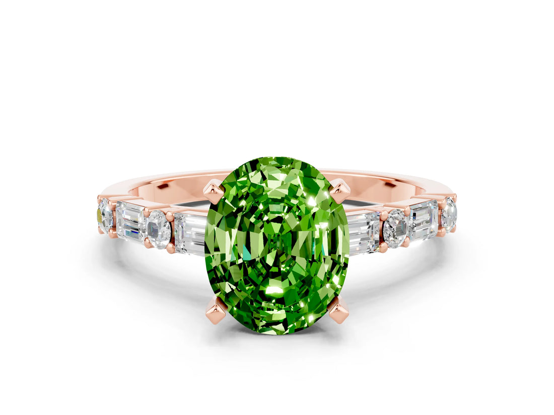 Rose gold Oval Cut Peridot Solitaire with Side Baguettes and Channel Set Band