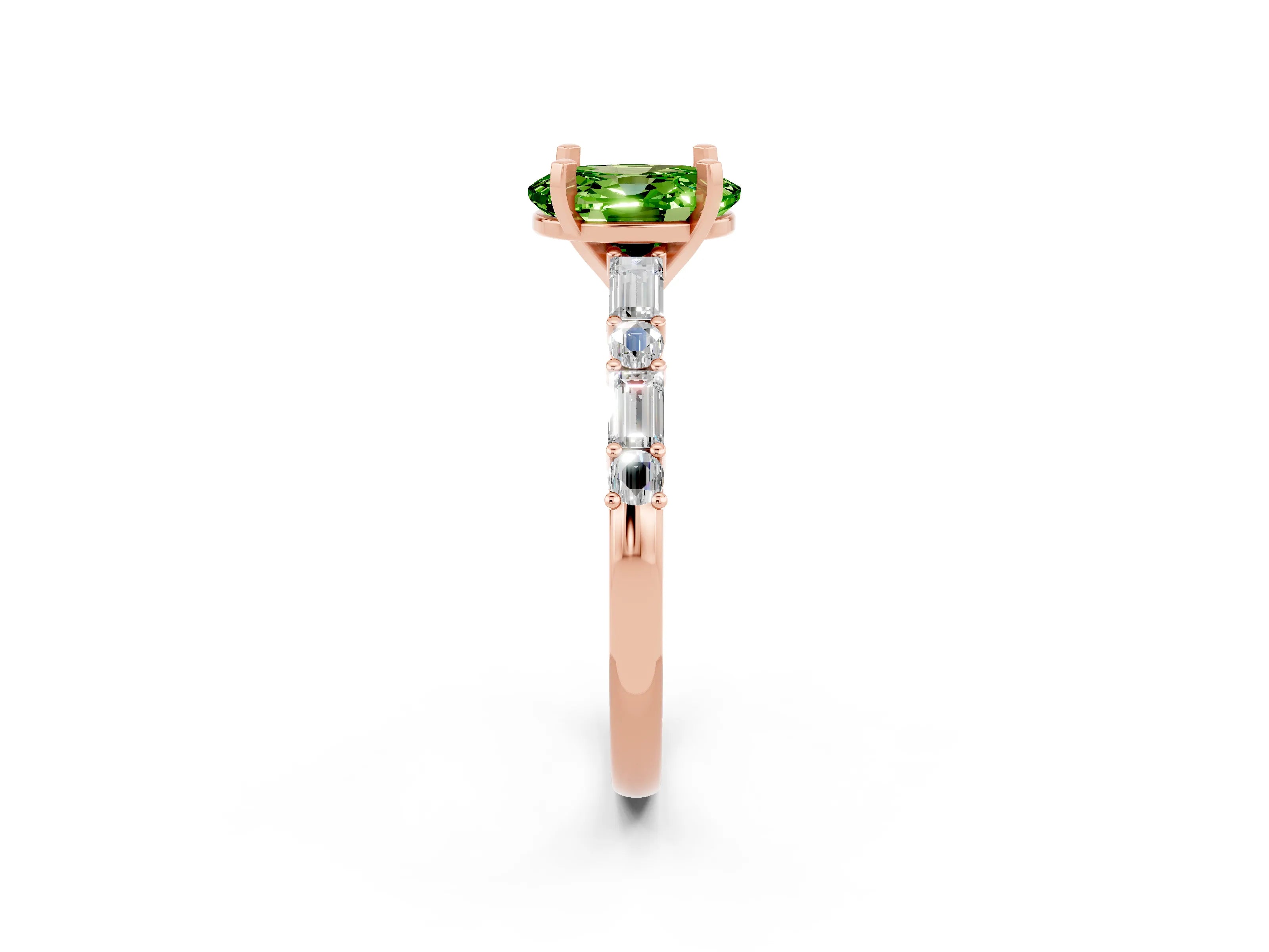 Rose gold Oval Cut Peridot Solitaire with Side Baguettes and Channel Set Band_2