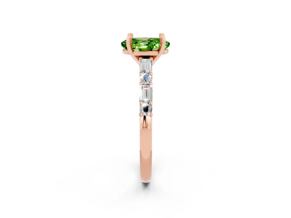 Rose gold Oval Cut Peridot Solitaire with Side Baguettes and Channel Set Band