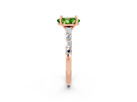 Rose gold Oval Cut Peridot Solitaire with Side Baguettes and Channel Set Band_2