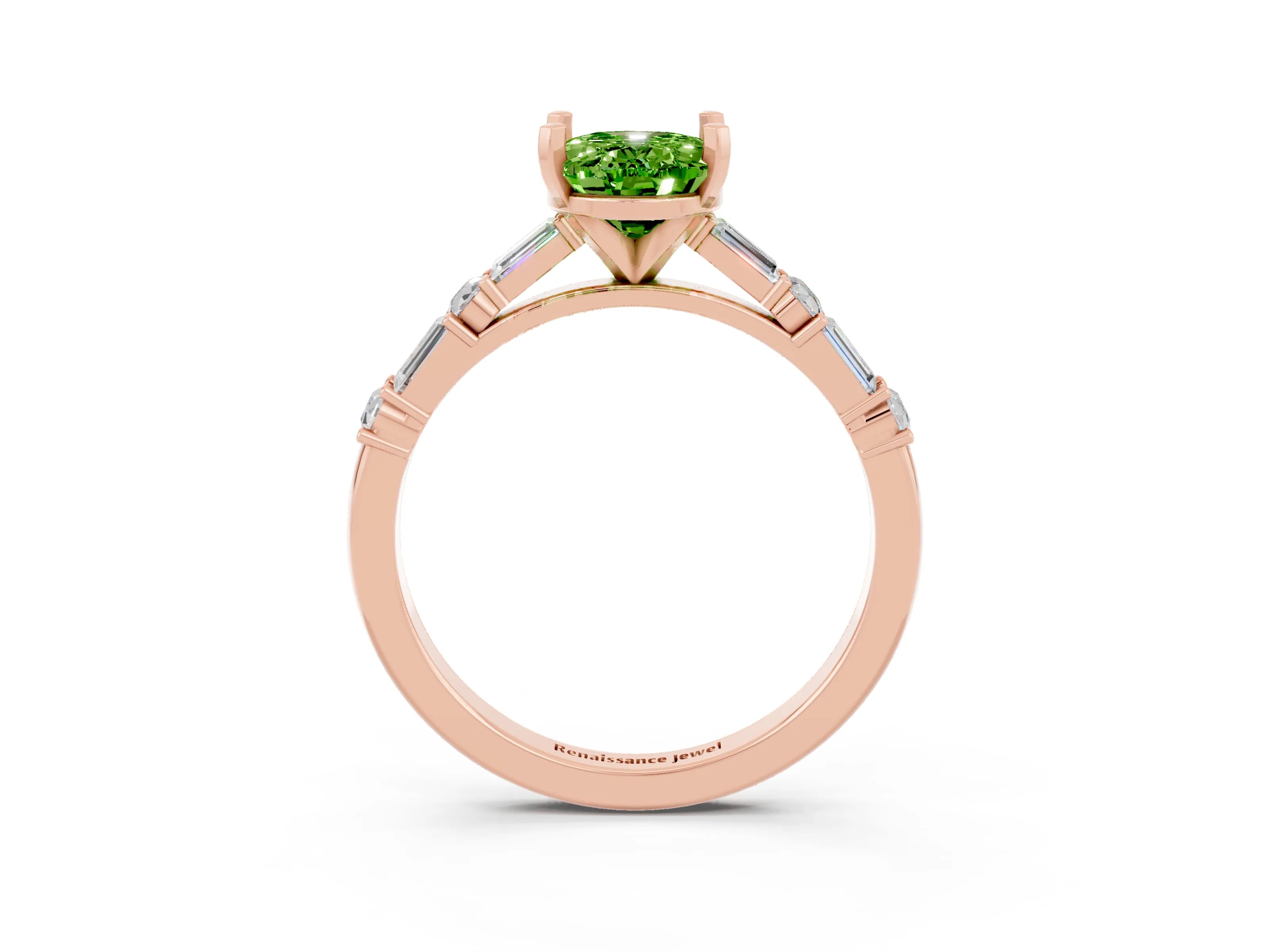 Rose gold Oval Cut Peridot Solitaire with Side Baguettes and Channel Set Band_3