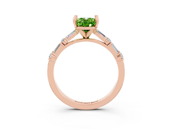 Rose gold Oval Cut Peridot Solitaire with Side Baguettes and Channel Set Band