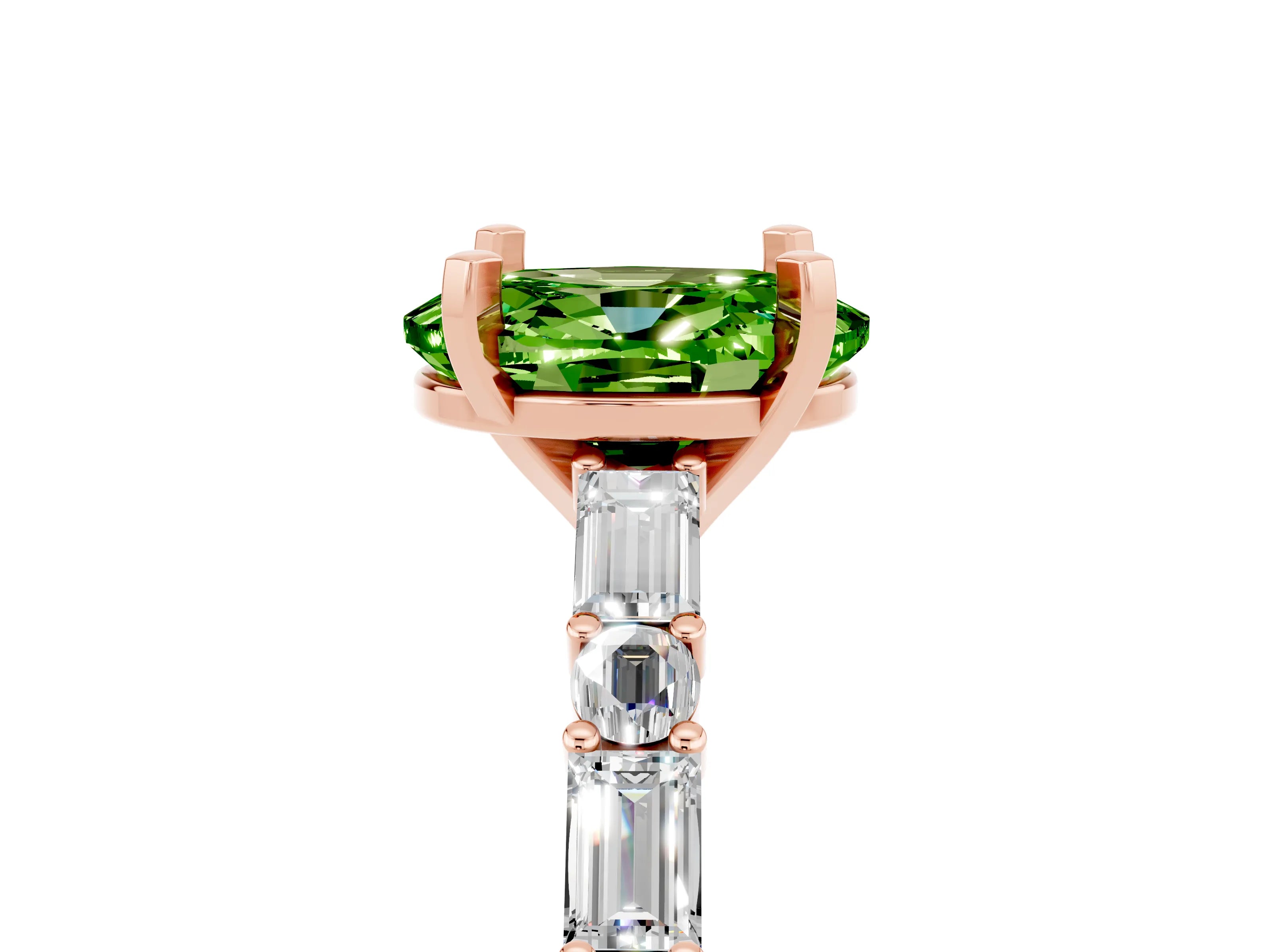 Rose gold Oval Cut Peridot Solitaire with Side Baguettes and Channel Set Band_5