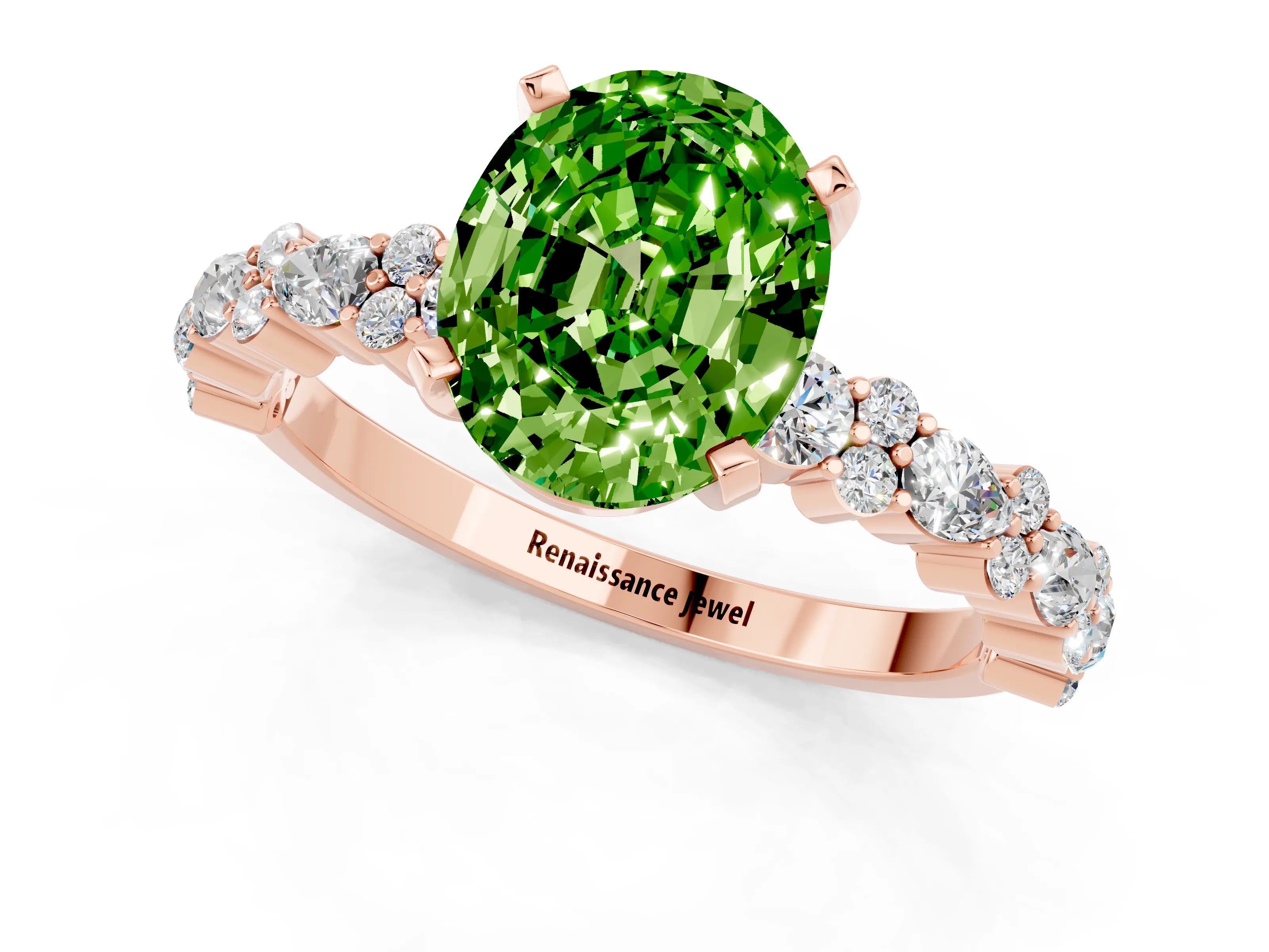 Rose gold Oval Cut Peridot Solitaire with Side Stones, Pave Band, Four-Prong Setting_37