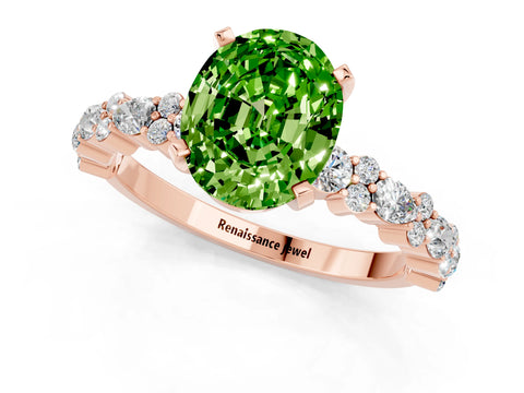 Rose gold Oval Cut Peridot Solitaire with Side Stones, Pave Band, Four-Prong Setting_37