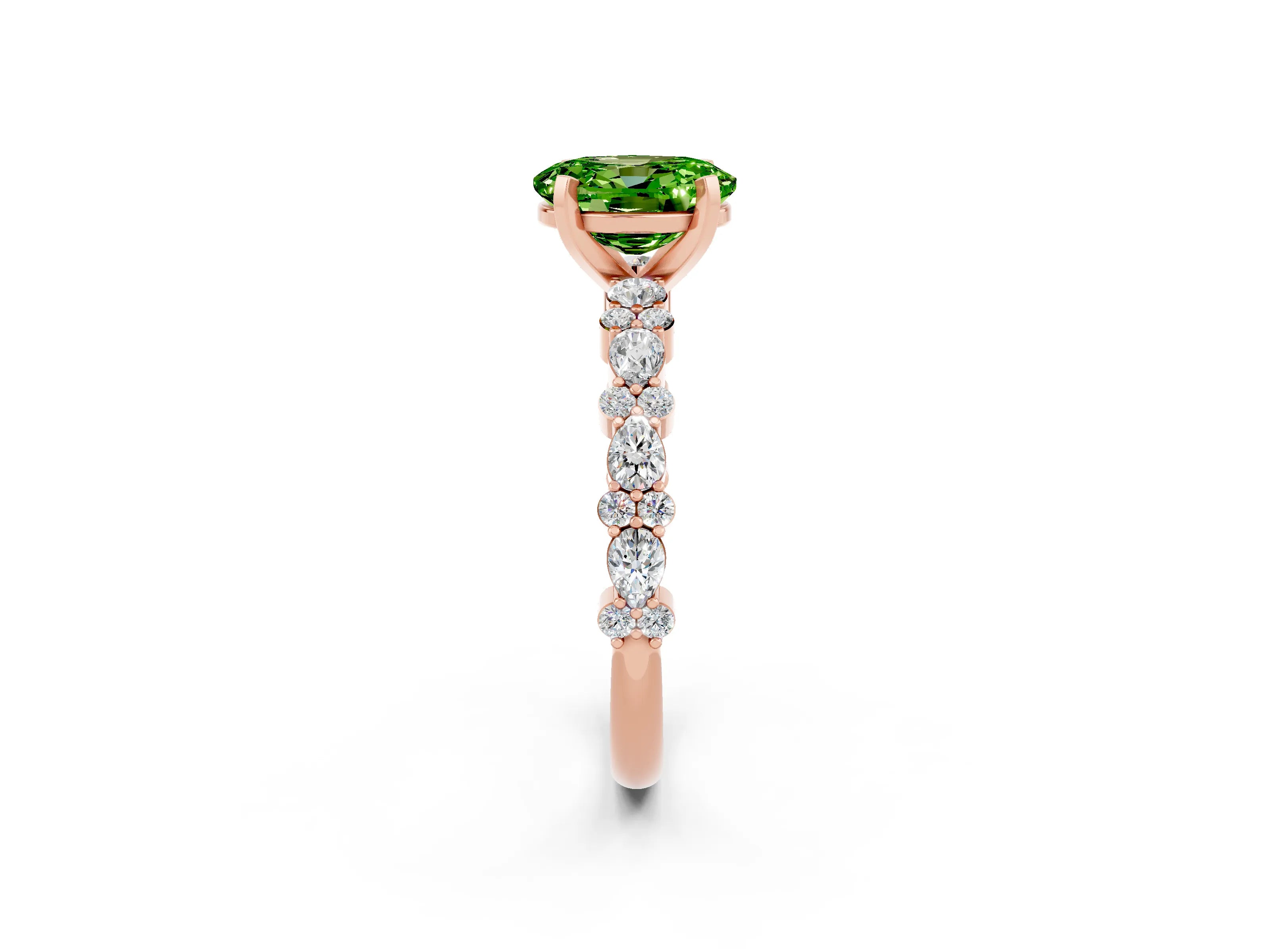 Rose gold Oval Cut Peridot Solitaire with Side Stones, Pave Band, Four-Prong Setting_38