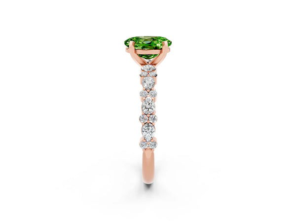 Rose gold Oval Cut Peridot Side Stone Solitaire Ring with Round  and Four-Prong Setting
