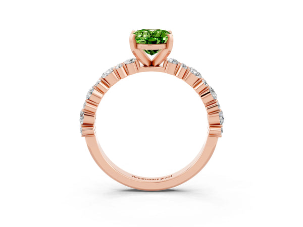 Rose gold Oval Cut Peridot Side Stone Solitaire Ring with Round  and Four-Prong Setting