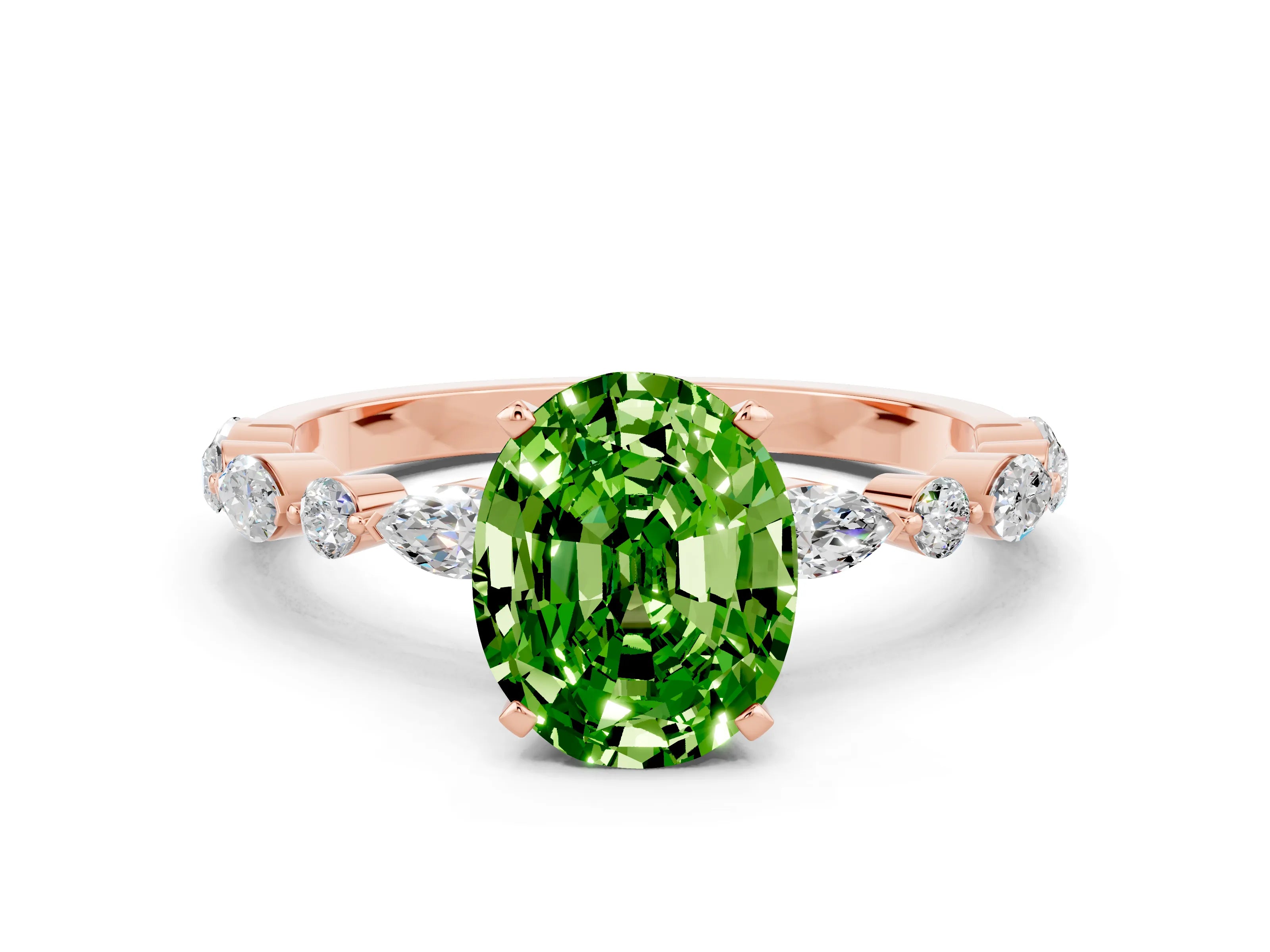 Rose gold Oval Cut Peridot Solitaire with Side Stones on a Pavé Band and Four-Prong Setting