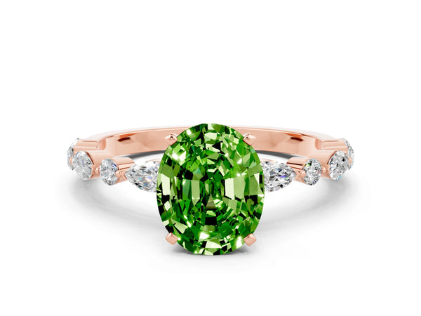 Rose gold Oval Cut Peridot Ring with Marquise and Round  Side Stones and Four-Prong Setting