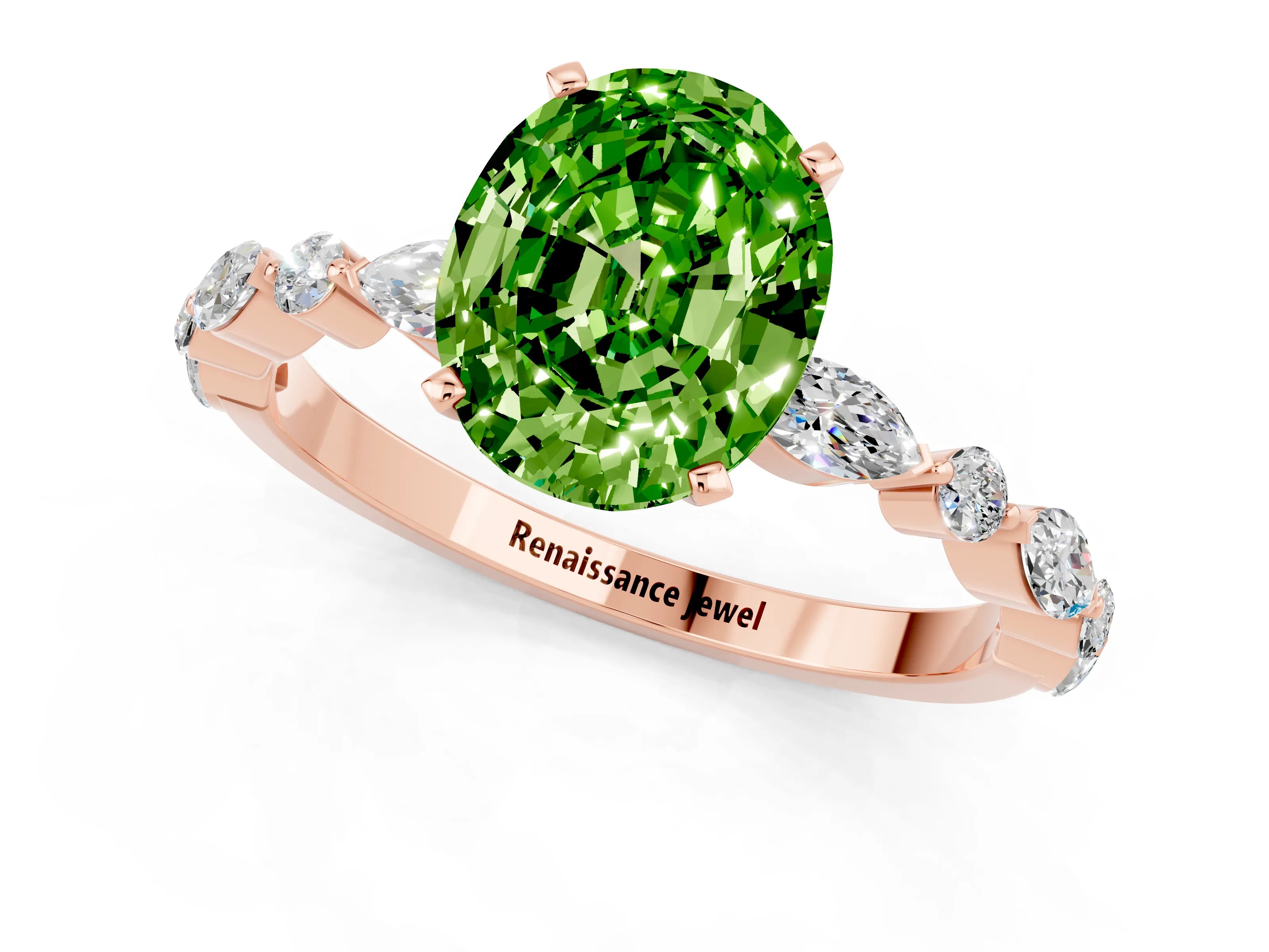 Rose gold Oval Cut Peridot Solitaire with Side Stones on a Pavé Band and Four-Prong Setting_1