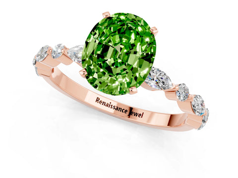 Rose gold Oval Cut Peridot Solitaire with Side Stones on a Pavé Band and Four-Prong Setting_1