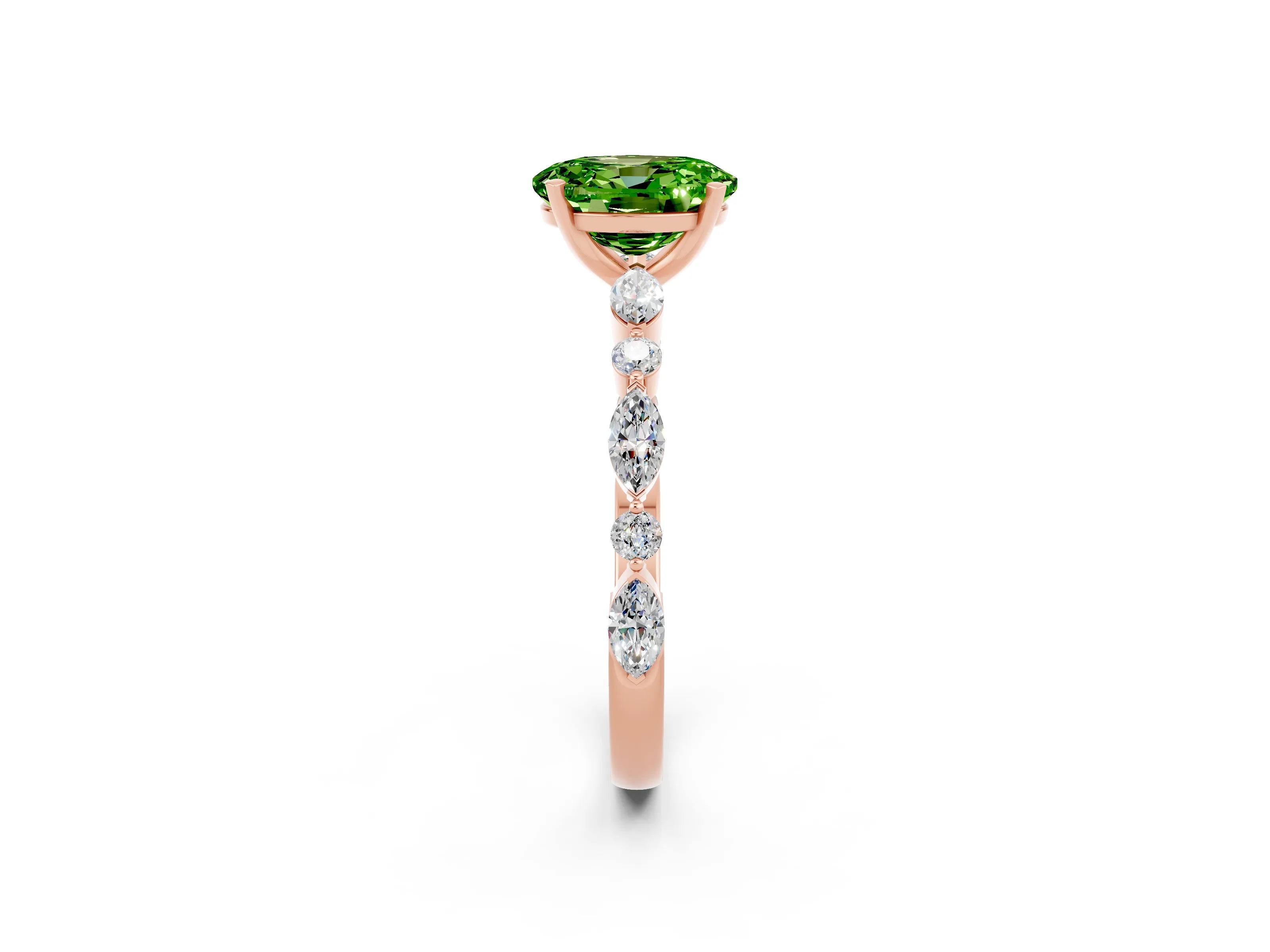Rose gold Oval Cut Peridot Solitaire with Side Stones on a Pavé Band and Four-Prong Setting_2