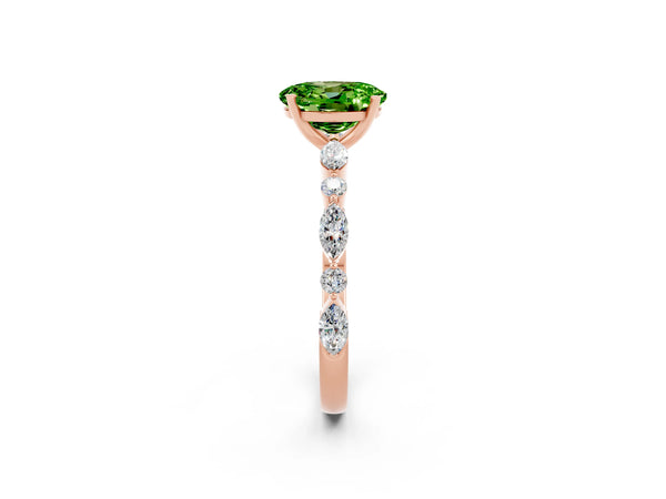 Rose gold Oval Cut Peridot Ring with Marquise and Round  Side Stones and Four-Prong Setting
