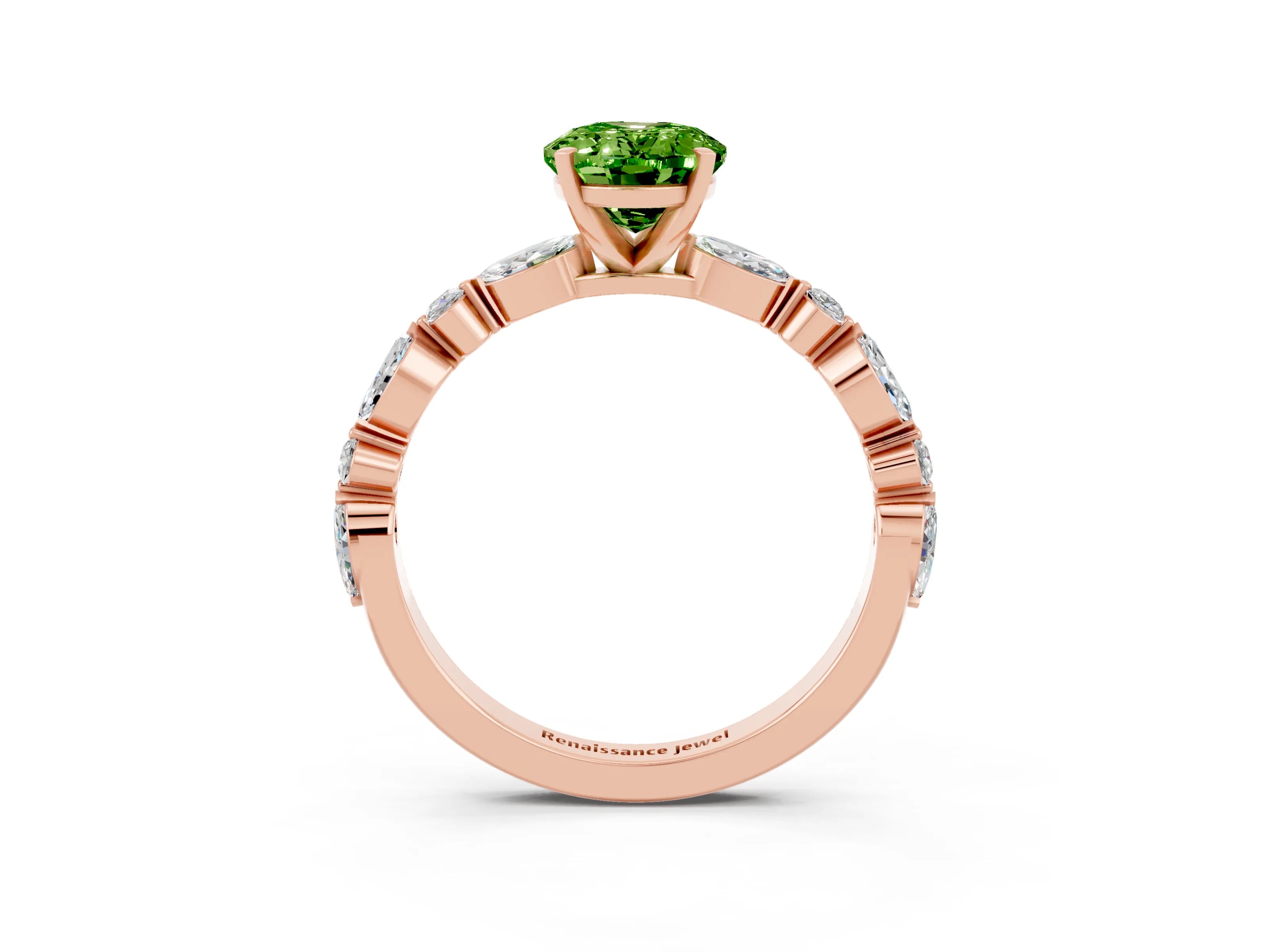 Rose gold Oval Cut Peridot Solitaire with Side Stones on a Pavé Band and Four-Prong Setting_3