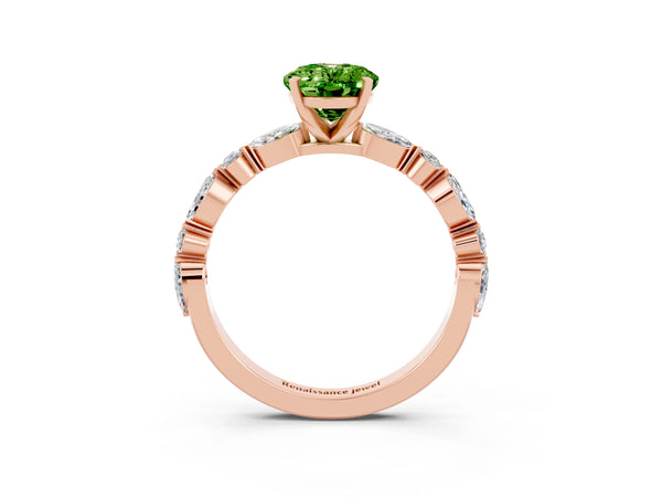 Rose gold Oval Cut Peridot Ring with Marquise and Round  Side Stones and Four-Prong Setting