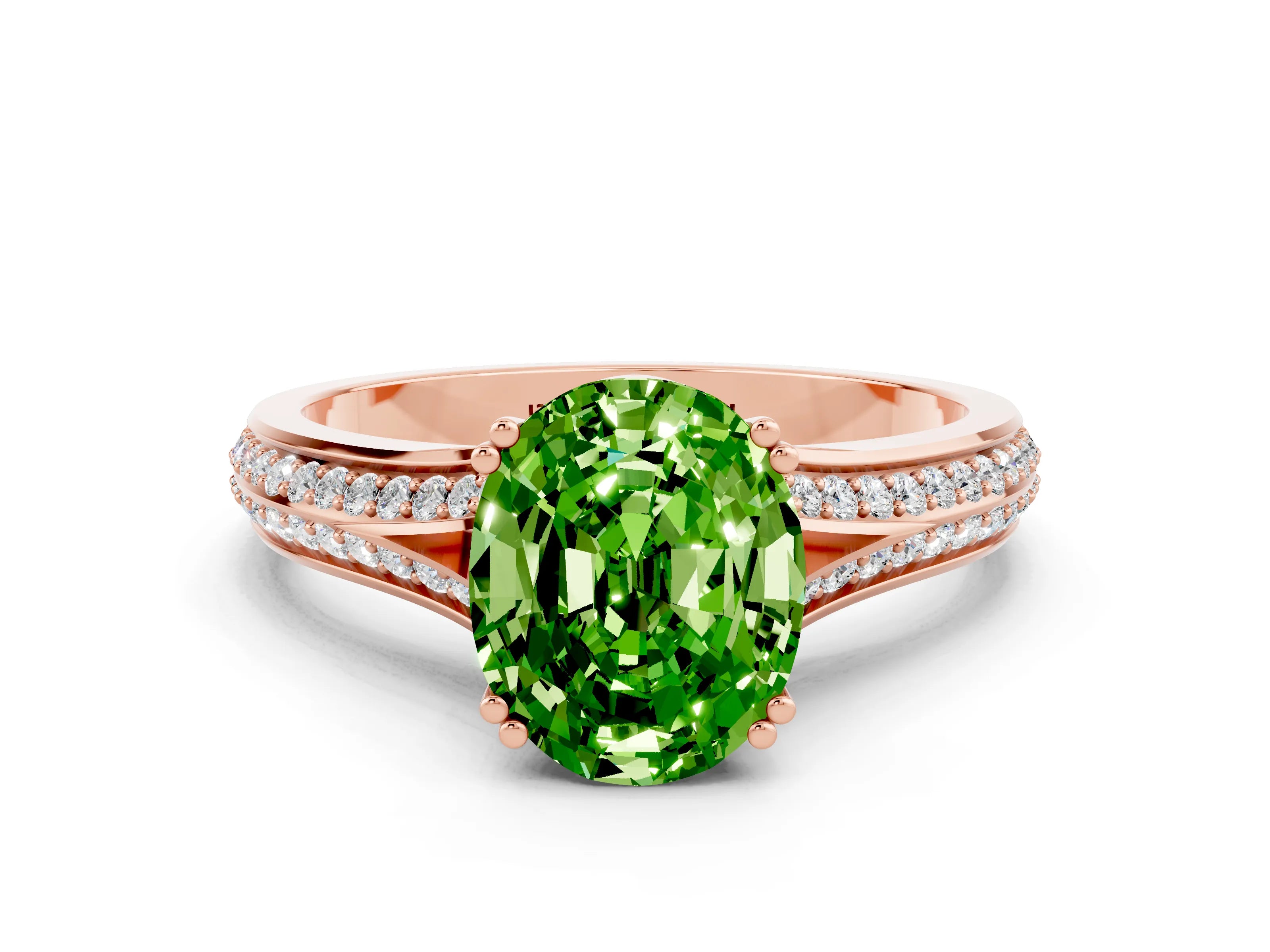 Rose gold Oval Cut Peridot Split Shank Engagement Ring with Pavé Band