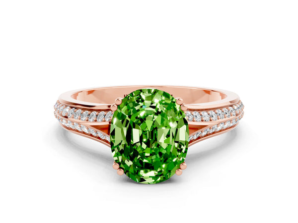 Rose gold Oval Cut Peridot Split Shank Engagement Ring with Pavé Band