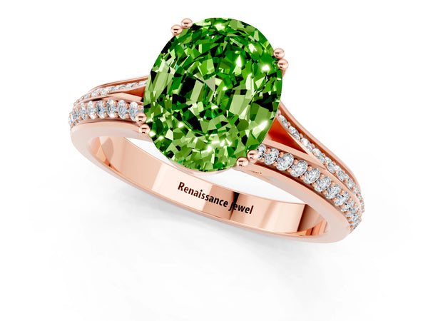 Rose gold Oval Cut Peridot Split Shank Engagement Ring with Pavé Band