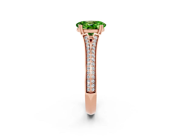 Rose gold Oval Cut Peridot Split Shank Engagement Ring with Pavé Band