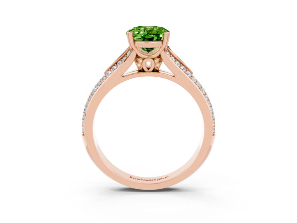 Rose gold Oval Cut Peridot Split Shank Engagement Ring with Pavé Band