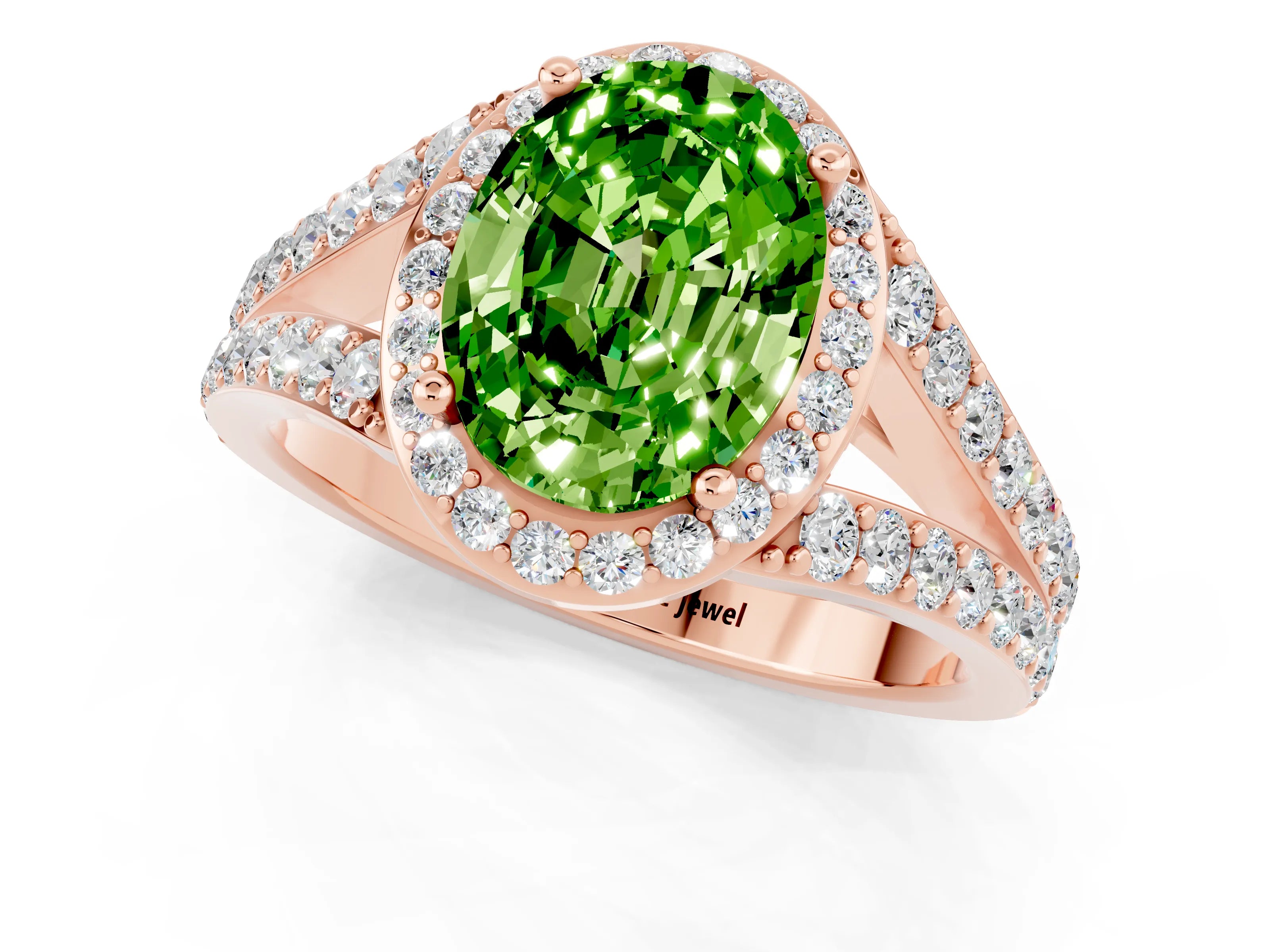 Rose gold Oval Cut Peridot Split Shank Halo Ring with Four-Prong Setting_13