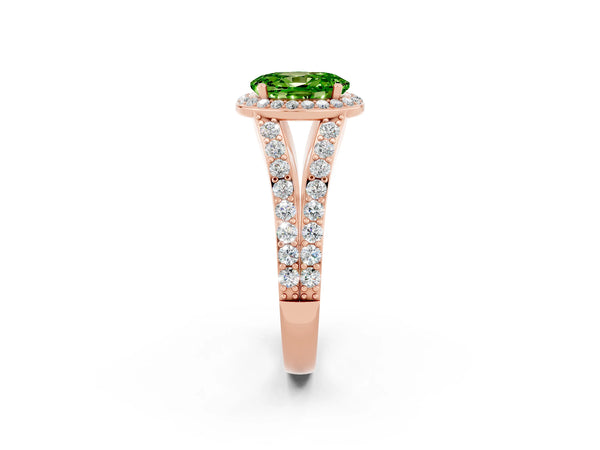 Rose gold Oval Cut Peridot Split Shank Halo Ring with Four-Prong Setting