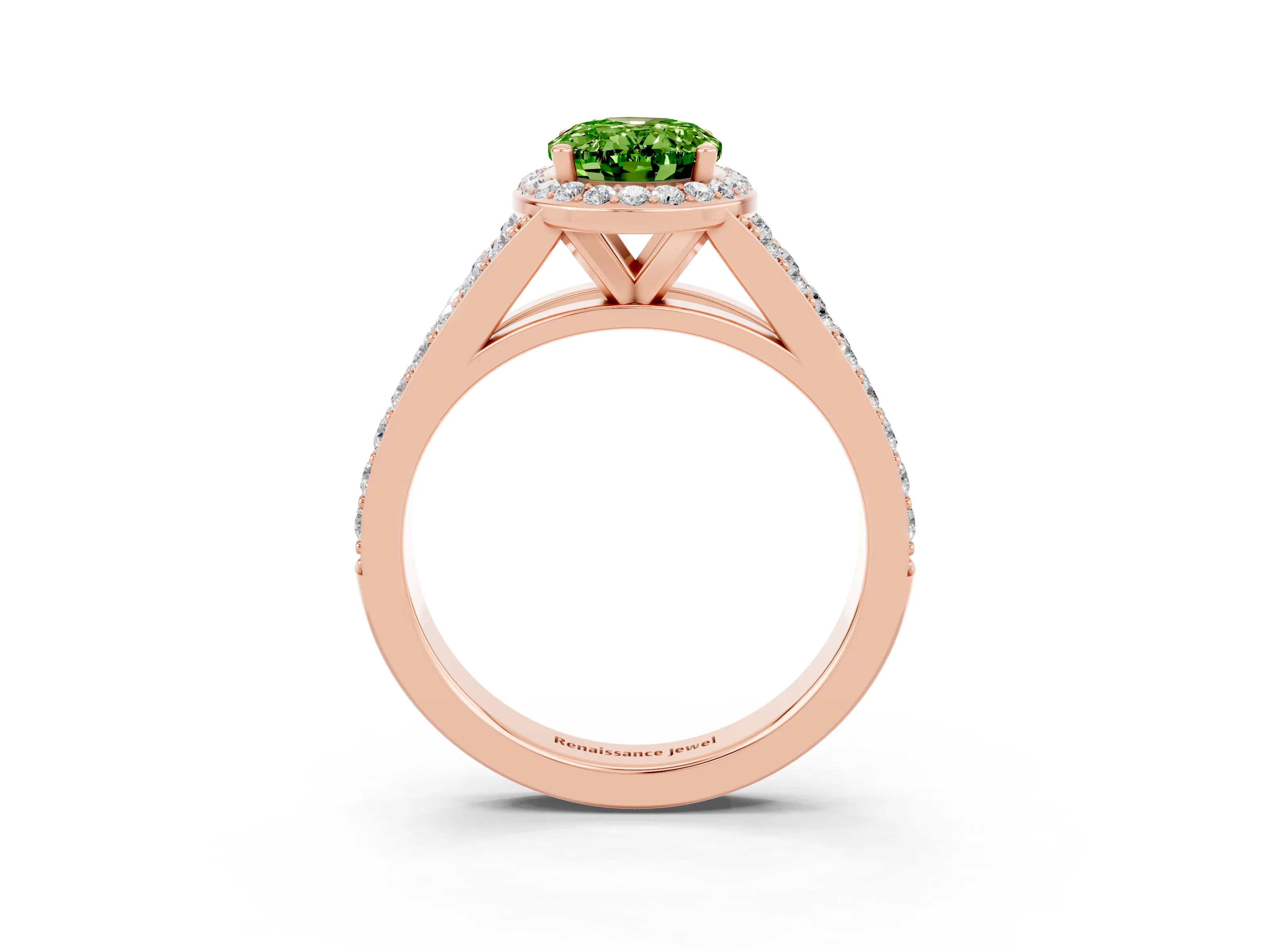 Rose gold Oval Cut Peridot Split Shank Halo Ring with Four-Prong Setting_15