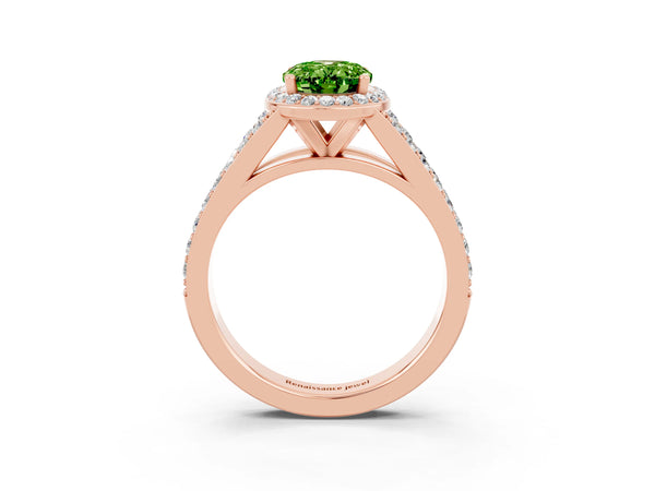 Rose gold Oval Cut Peridot Split Shank Halo Ring with Four-Prong Setting