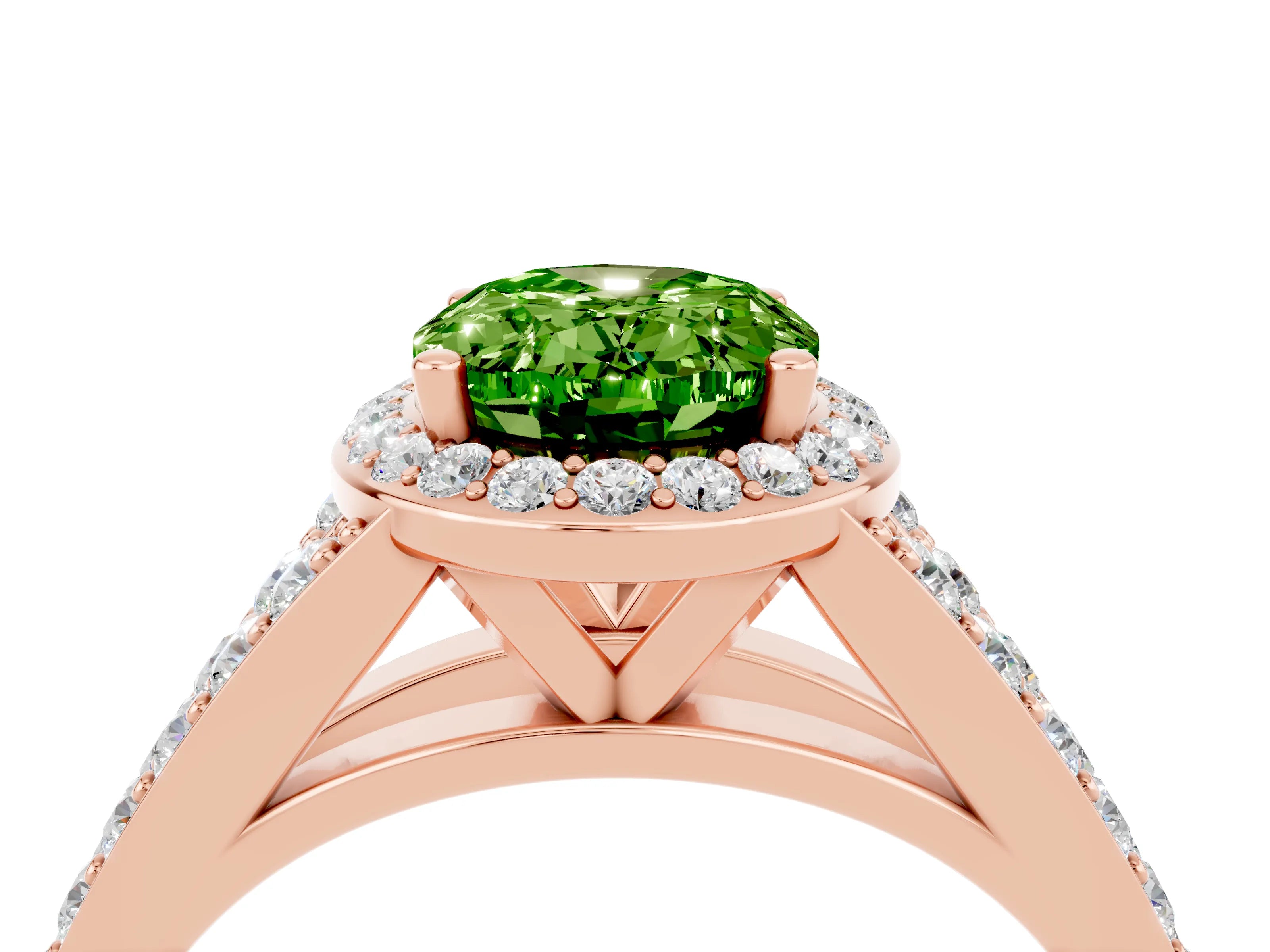 Rose gold Oval Cut Peridot Split Shank Halo Ring with Four-Prong Setting_16