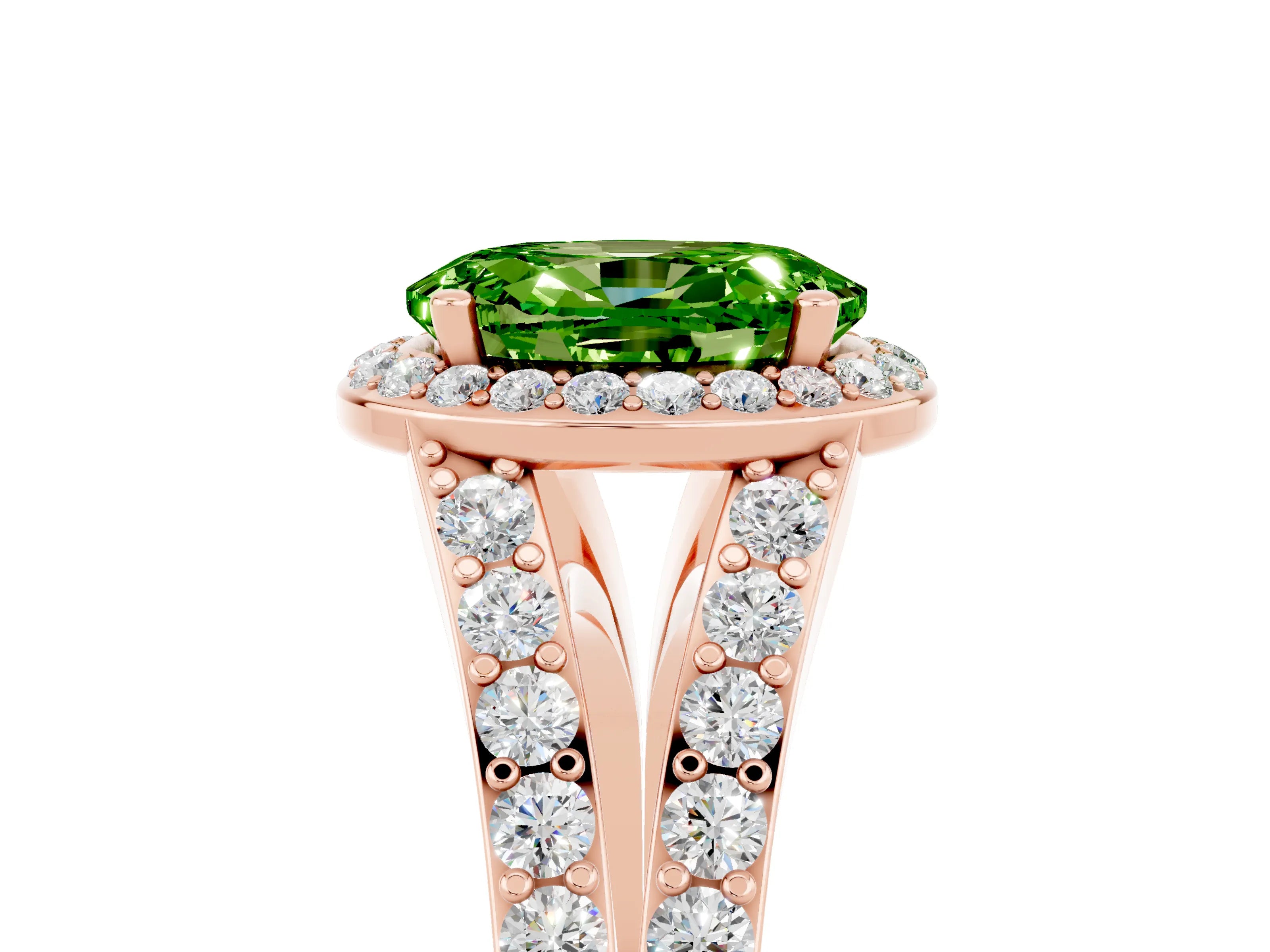 Rose gold Oval Cut Peridot Split Shank Halo Ring with Four-Prong Setting_17