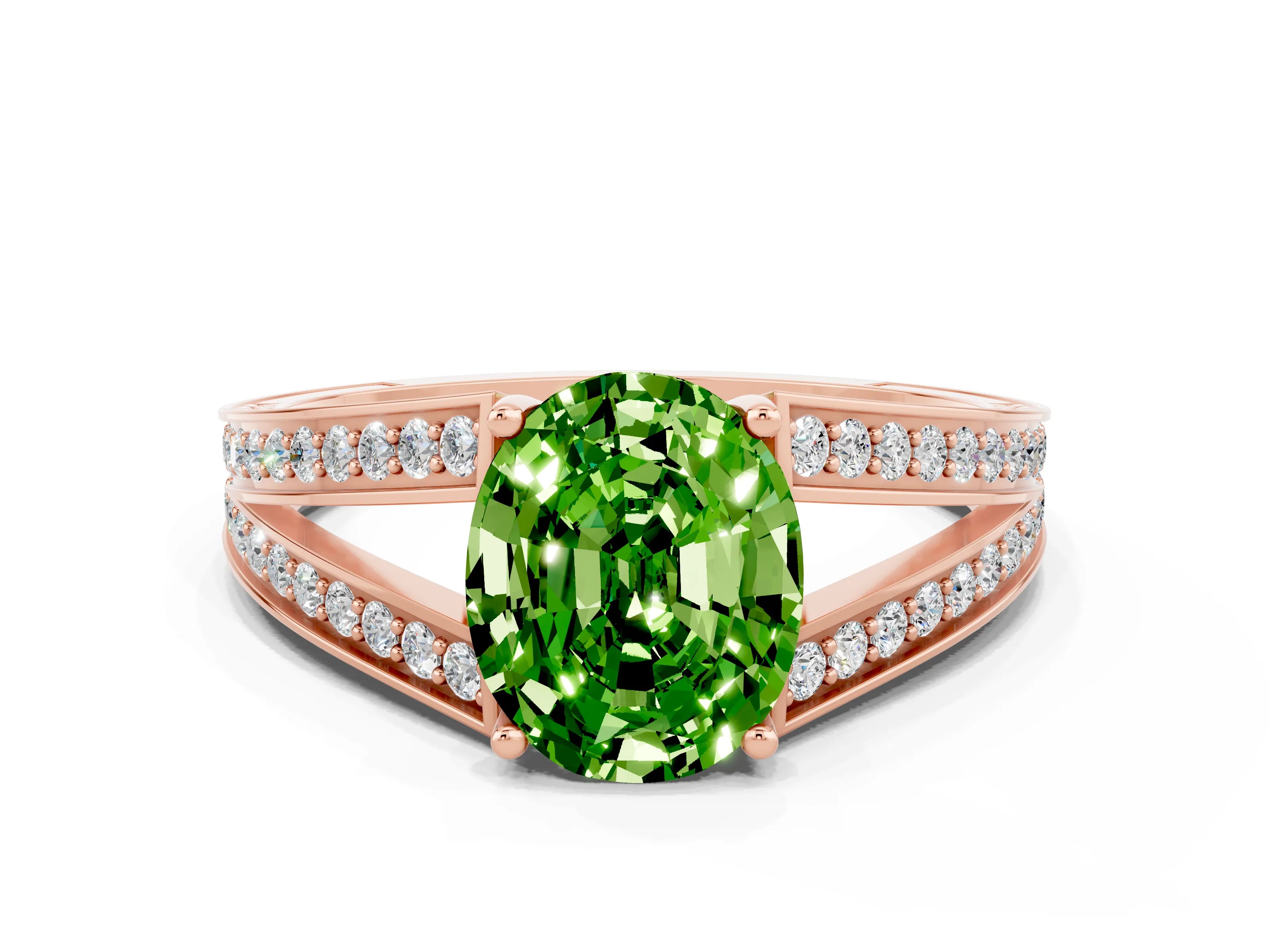 Rose gold Oval Cut Peridot Split Shank Ring with Pavé Band and Four-Prong Setting