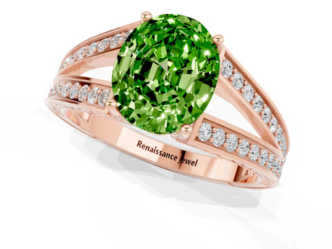 Rose gold Oval Cut Peridot Split Shank Ring with Pavé Band and Four-Prong Setting_1